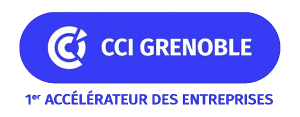 Logo de la chambre de commerce et d'industrie (CCI) de Grenoble, 1er accélérateur des entreprises, adhérente du GETH, version bleu et blanc